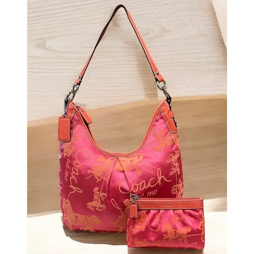 Y2K Coach F14480 Horse & Carriage Sateen Hobo Bag & Pleated Wristlet